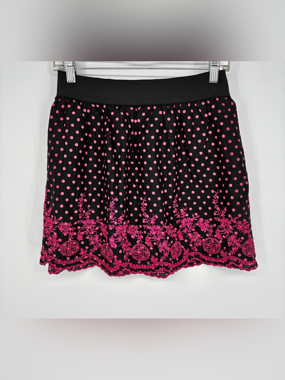 RUE21 Polka Dot Mini Skirt Pink Embroidered Lace Scalloped Hem Black XL